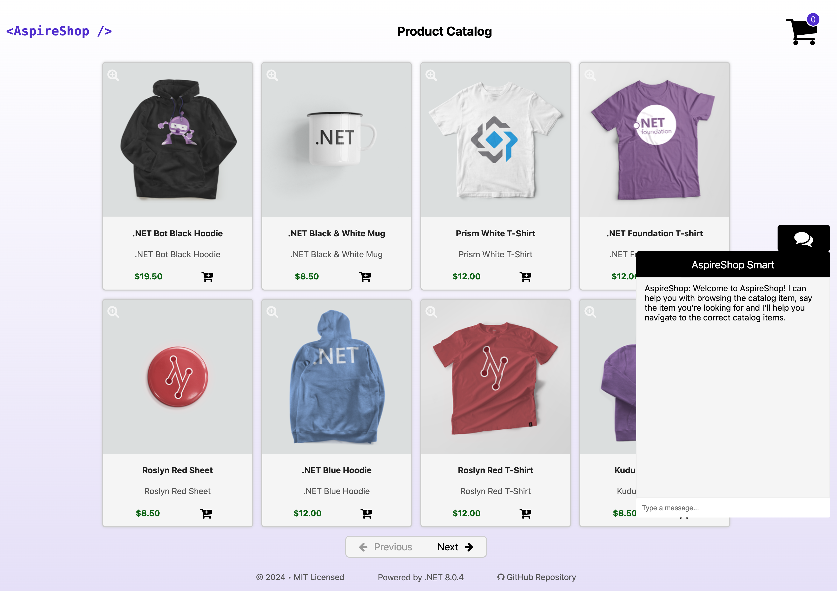 Screenshot of the complete Aspire Shop frontend